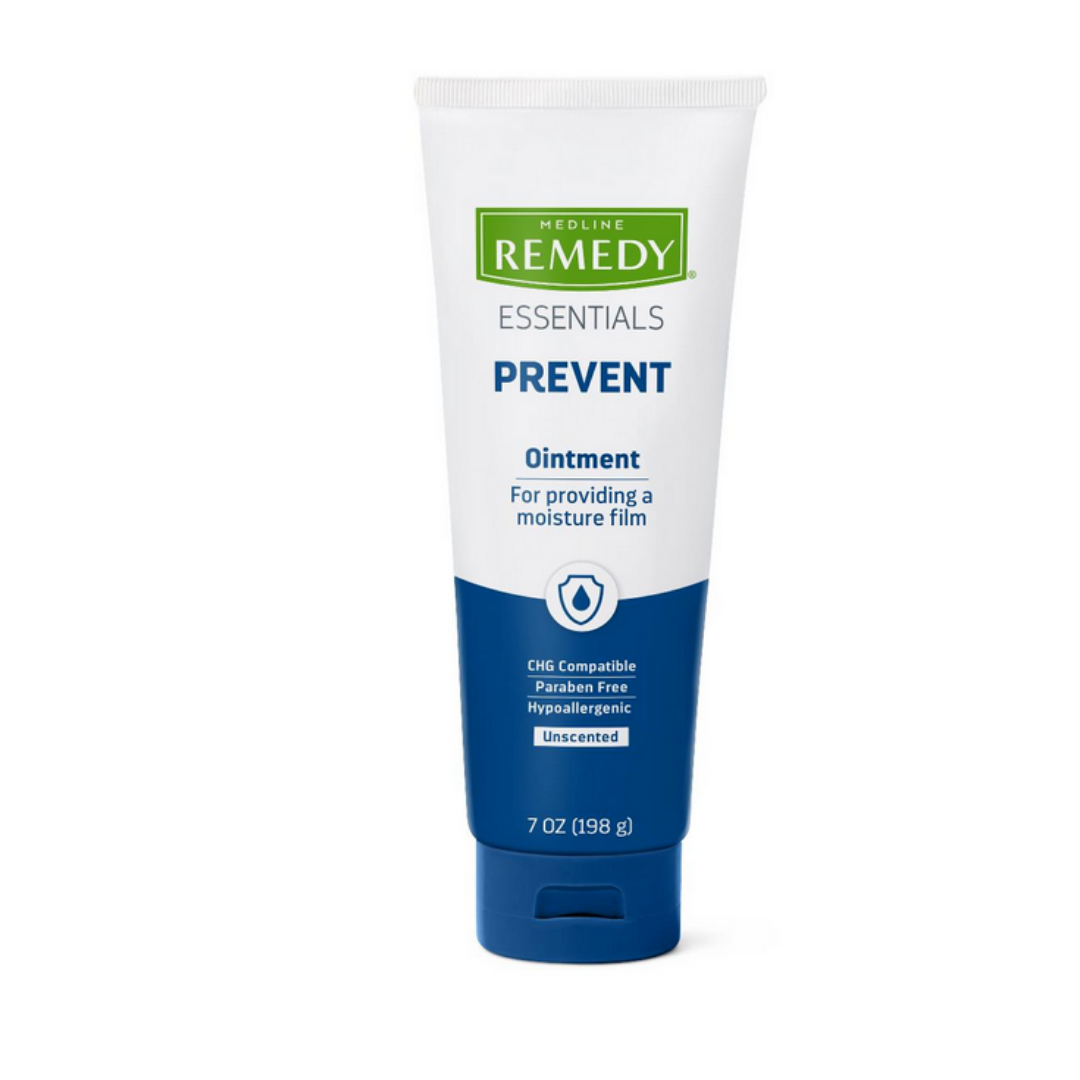 A 7 oz (198 g) white and blue tube of Medline Remedy Essentials Moisturizing Ointment is CHG compatible, paraben free, unscented, fast-absorbing, and helps maintain the skin’s natural moisture balance.